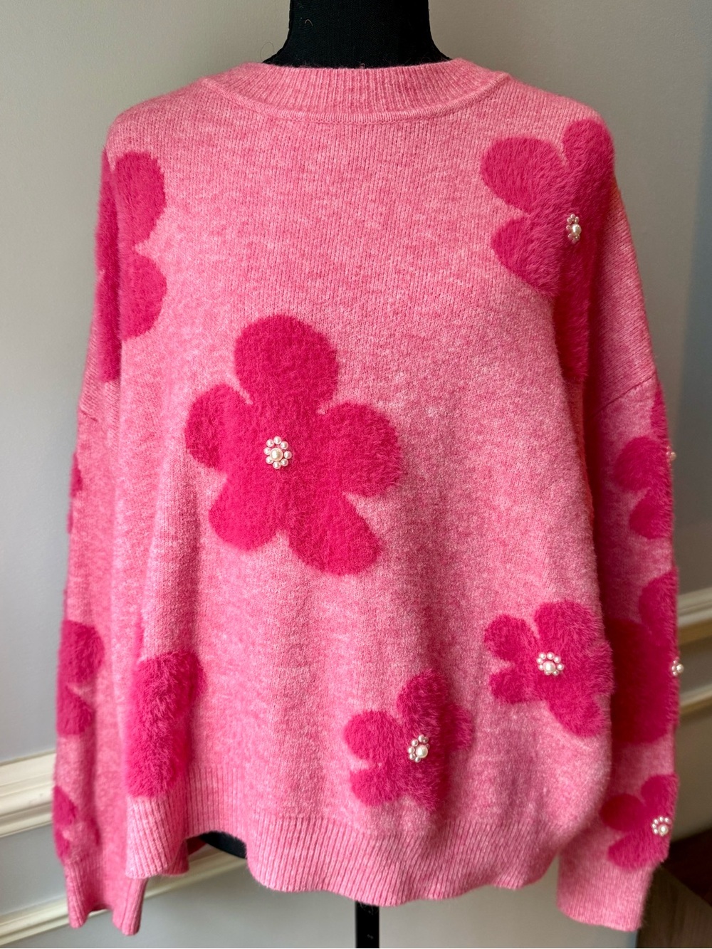 Nanette Lepore Pink Fuzzy Flower Pearl Sweater XL Coquette Cottagecore Top